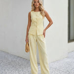 Butter Yellow Sleeveless Button Front Vest Wide Leg Pants Elegant Set