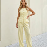 Butter Yellow Sleeveless Button Front Vest Wide Leg Pants Elegant Set