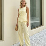 Butter Yellow Sleeveless Button Front Vest Wide Leg Pants Elegant Set
