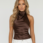Chocolate Brown Draped Cowl Neck Halter Satin Backless Crop Top