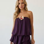 Plum Purple Strapless 3D Orchid Applique Ruffle Layered Chiffon Mini Dress