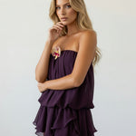 Plum Purple Strapless 3D Orchid Applique Ruffle Layered Chiffon Mini Dress
