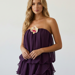 Plum Purple Strapless 3D Orchid Applique Ruffle Layered Chiffon Mini Dress