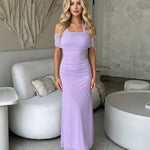 Purple Halter Neck Ruched Mesh Bodycon Maxi Dress