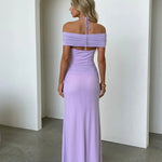 Purple Halter Neck Ruched Mesh Bodycon Maxi Dress