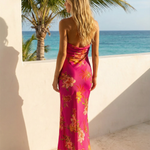Fuchsia Tropical Floral Print Halter Neck Cowl Bust Mermaid Maxi Dress