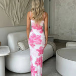 Pink Floral Print Spaghetti Strap Bodycon Maxi Dress