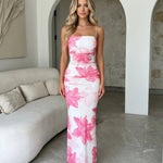 Pink Floral Print Spaghetti Strap Bodycon Maxi Dress