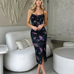 Black Satin Cowl Neck Lace Trim Midi Dress