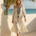 Off White Embroidery Tassel Tie Loose Fit Midi Dress