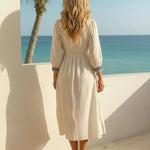 Off White Embroidery Tassel Tie Loose Fit Midi Dress