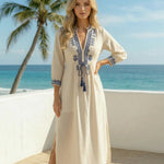 Off White Embroidery Tassel Tie Loose Fit Midi Dress