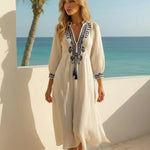 Off White Embroidery Tassel Tie Loose Fit Midi Dress