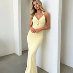 Yellow Halter Backless Ruched Bodycon Maxi Dress