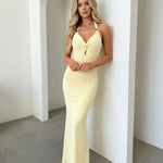Yellow Halter Backless Ruched Bodycon Maxi Dress