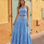 Blue Eyelet Square Neck Crop Top Tiered Maxi Skirt  Set