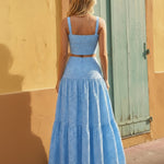 Blue Eyelet Square Neck Crop Top Tiered Maxi Skirt  Set