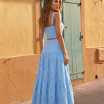 Blue Eyelet Square Neck Crop Top Tiered Maxi Skirt  Set