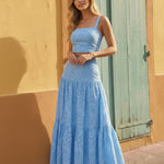 Blue Eyelet Square Neck Crop Top Tiered Maxi Skirt  Set