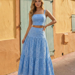 Blue Eyelet Square Neck Crop Top Tiered Maxi Skirt  Set