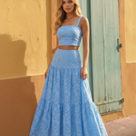 Blue Eyelet Square Neck Crop Top Tiered Maxi Skirt  Set