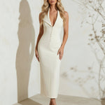 White Halter Collar Neck Button Front Backless Maxi Dress