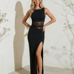 Black Sleeveless Lace Waist Cutout Slit Maxi Dress
