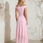 Pink Off-Shoulder Ruched Ruffled Slit Hem Maxi Dress