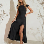 Pink Off-Shoulder Ruched Ruffled Slit Hem Maxi Dress