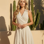 Beige Collared V-Neck Asymmetrical Hem Midi Dress