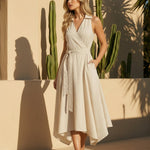 Beige Collared V-Neck Asymmetrical Hem Midi Dress