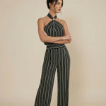 Black Striped Halter Neck Wide Leg Jumpsuit