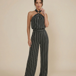 Black Striped Halter Neck Wide Leg Jumpsuit