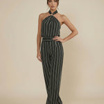 Black Striped Halter Neck Wide Leg Jumpsuit