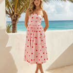 Pink Red Polka Dot Strapless Ruched Waist Flared A-Line Midi Dress