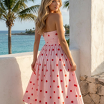 Pink Red Polka Dot Strapless Ruched Waist Flared A-Line Midi Dress