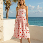 Pink Red Polka Dot Strapless Ruched Waist Flared A-Line Midi Dress