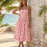 Pink Red Polka Dot Strapless Ruched Waist Flared A-Line Midi Dress