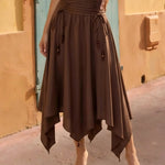 Brown Drawstring Asymmetrical Satin Midi Skirt