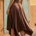 Brown Drawstring Asymmetrical Satin Midi Skirt