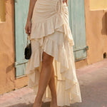 Beige Ruffled Hem Drawstring Waist Slim Fit Skirt