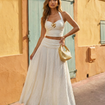 White Ribbed Halter Sleeveless Top And Maxi Skirt Set