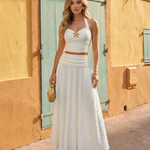 White Ribbed Halter Sleeveless Top And Maxi Skirt Set