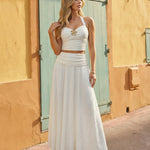 White Ribbed Halter Sleeveless Top And Maxi Skirt Set