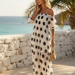 White Black Polka Dot Off The Shoulder Puff Sleeve Pleated Chiffon Maxi Dress
