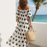 White Black Polka Dot Off The Shoulder Puff Sleeve Pleated Chiffon Maxi Dress