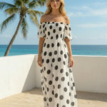 White Black Polka Dot Off The Shoulder Puff Sleeve Pleated Chiffon Maxi Dress