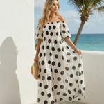 White Black Polka Dot Off The Shoulder Puff Sleeve Pleated Chiffon Maxi Dress