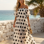 White Black Polka Dot Off The Shoulder Puff Sleeve Pleated Chiffon Maxi Dress