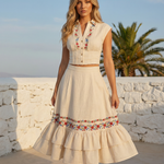 Beige Linen Blend Floral Embroidery High Waist Tiered Ruffle Midi Skirt
